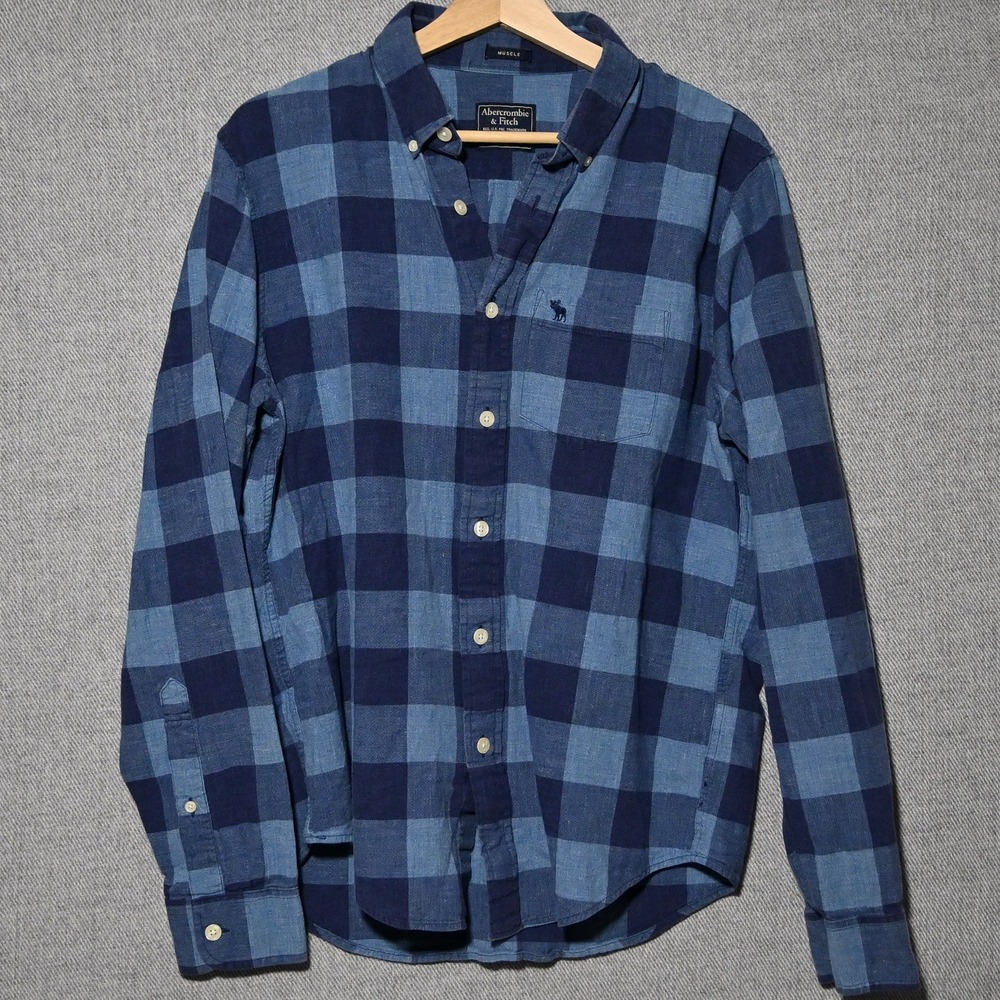 Abercrombie & Fitch Flannel Shirt Mens Muscle Fit Buffalo Check Large Blue